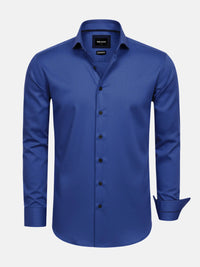 Royal blue men’s dress shirt with long sleeves and black buttons, classic fit.
