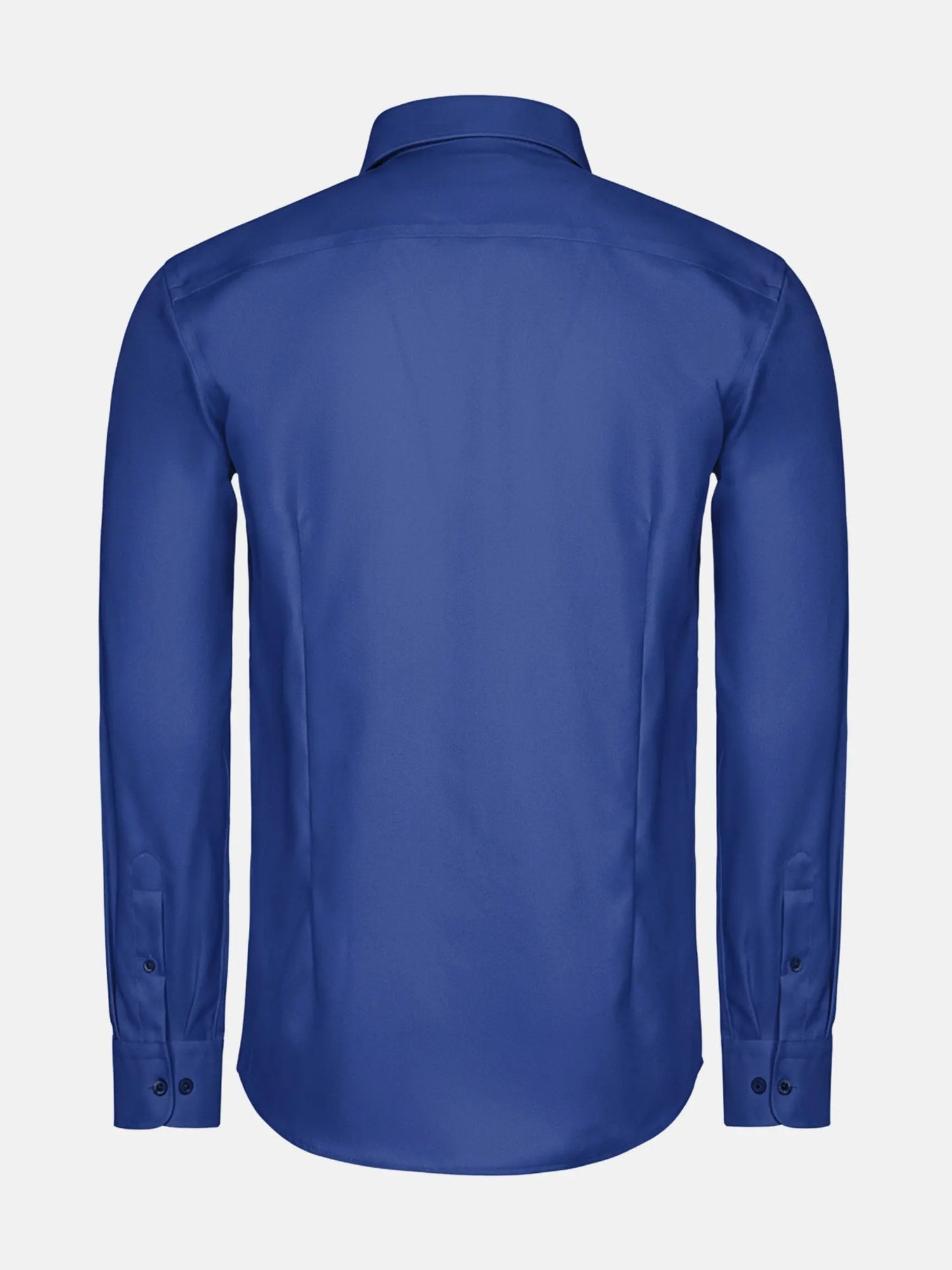 Back view of a royal blue men’s dress shirt with long sleeves and classic fit.