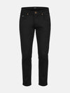 Black slim-fit men’s jeans with front pockets and button closure, stylish denim look.