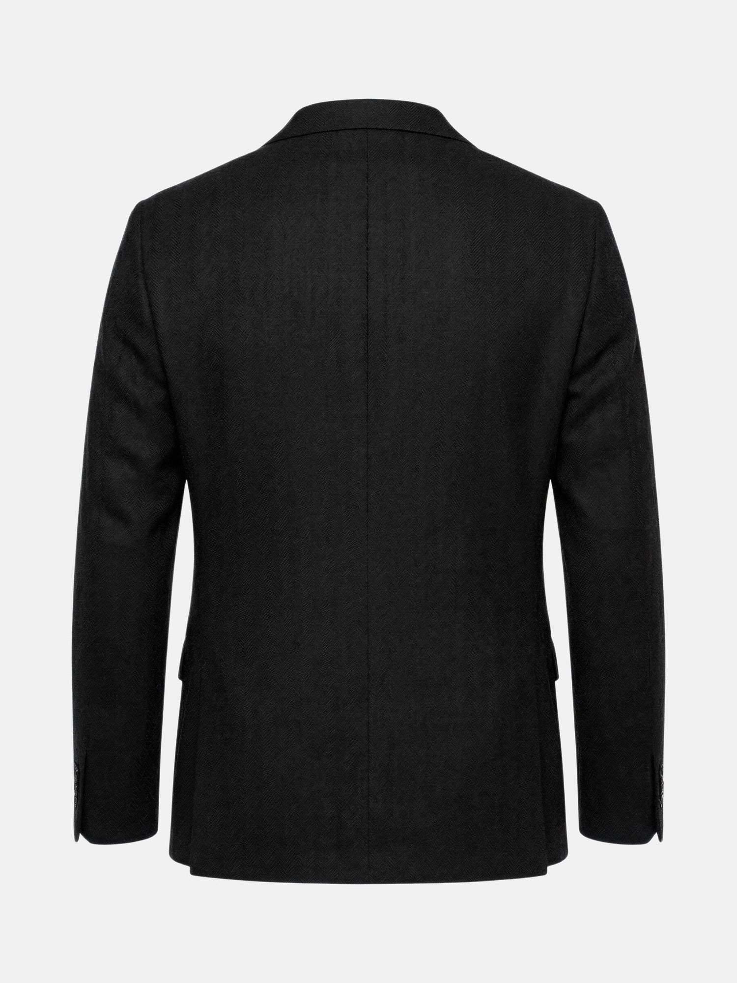 Back view of slim fit black blazer with tailored silhouette.