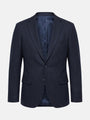 Slim fit navy men’s blazer with notched lapel and two-button closure.