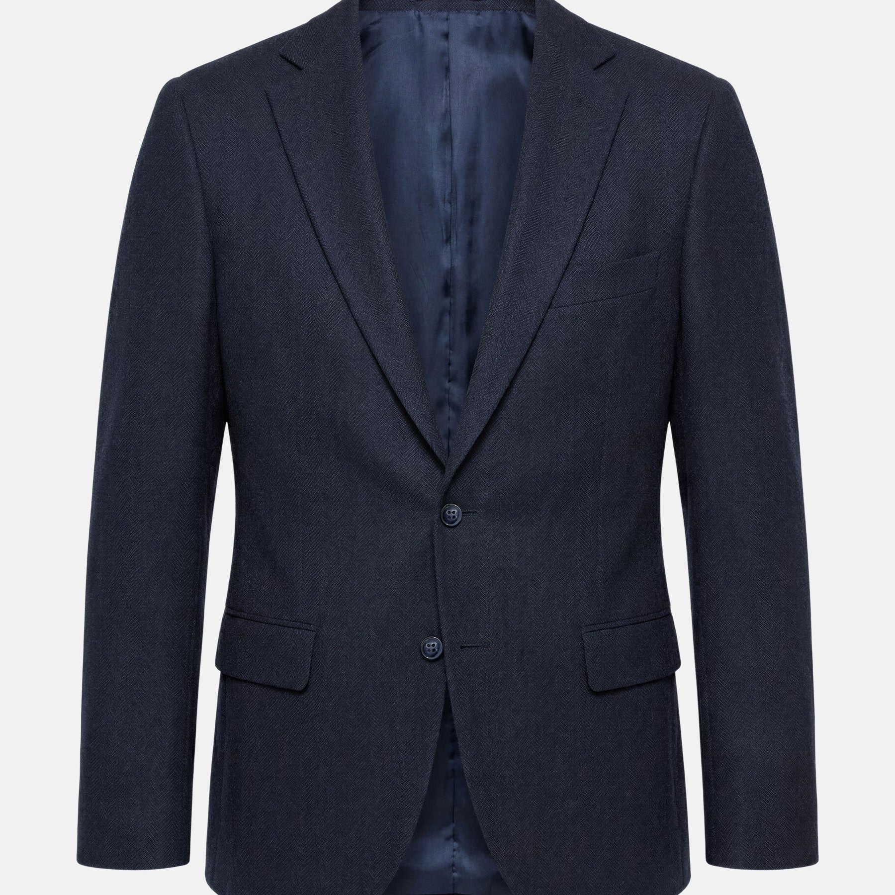 Slim fit navy men’s blazer with notched lapel and two-button closure.