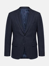 Slim fit navy men’s blazer with notched lapel and two-button closure.