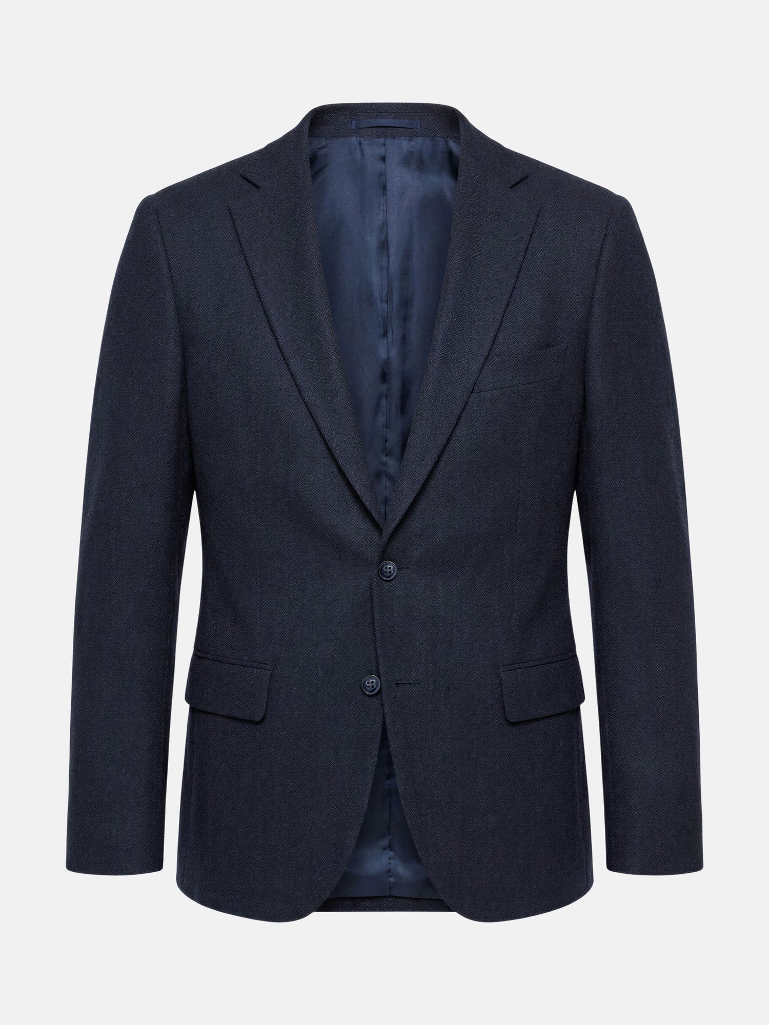 Slim fit navy men’s blazer with notched lapel and two-button closure.
