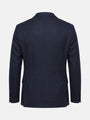 Back view of slim fit navy men’s blazer with tailored silhouette.