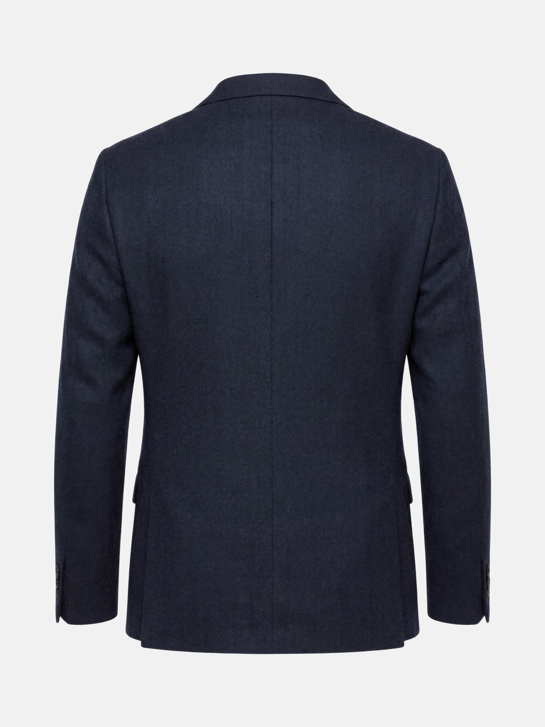 Back view of slim fit navy men’s blazer with tailored silhouette.