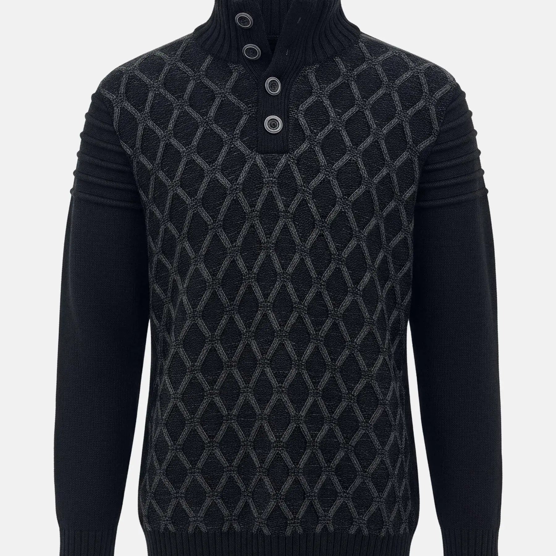 Anthracite men’s knit sweater with textured geometric pattern and high button-neck design.
