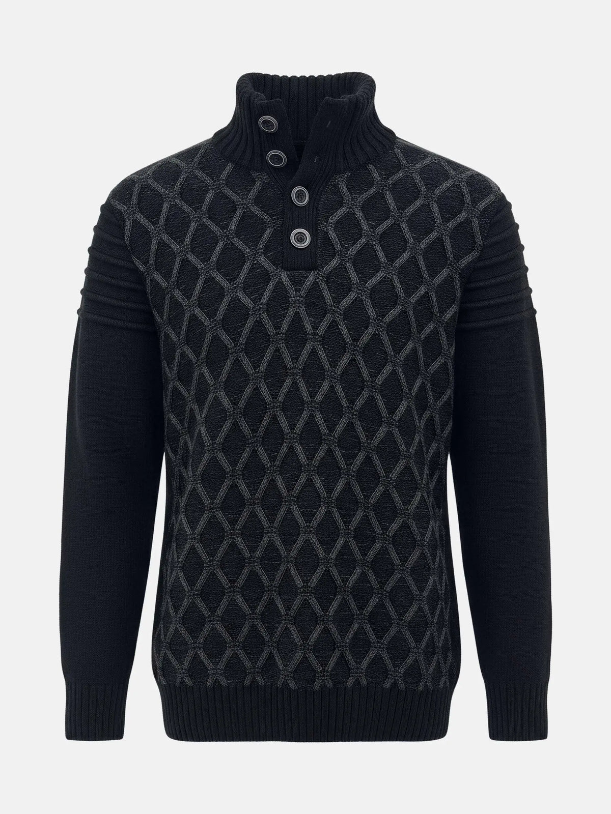 Anthracite men’s knit sweater with textured geometric pattern and high button-neck design.