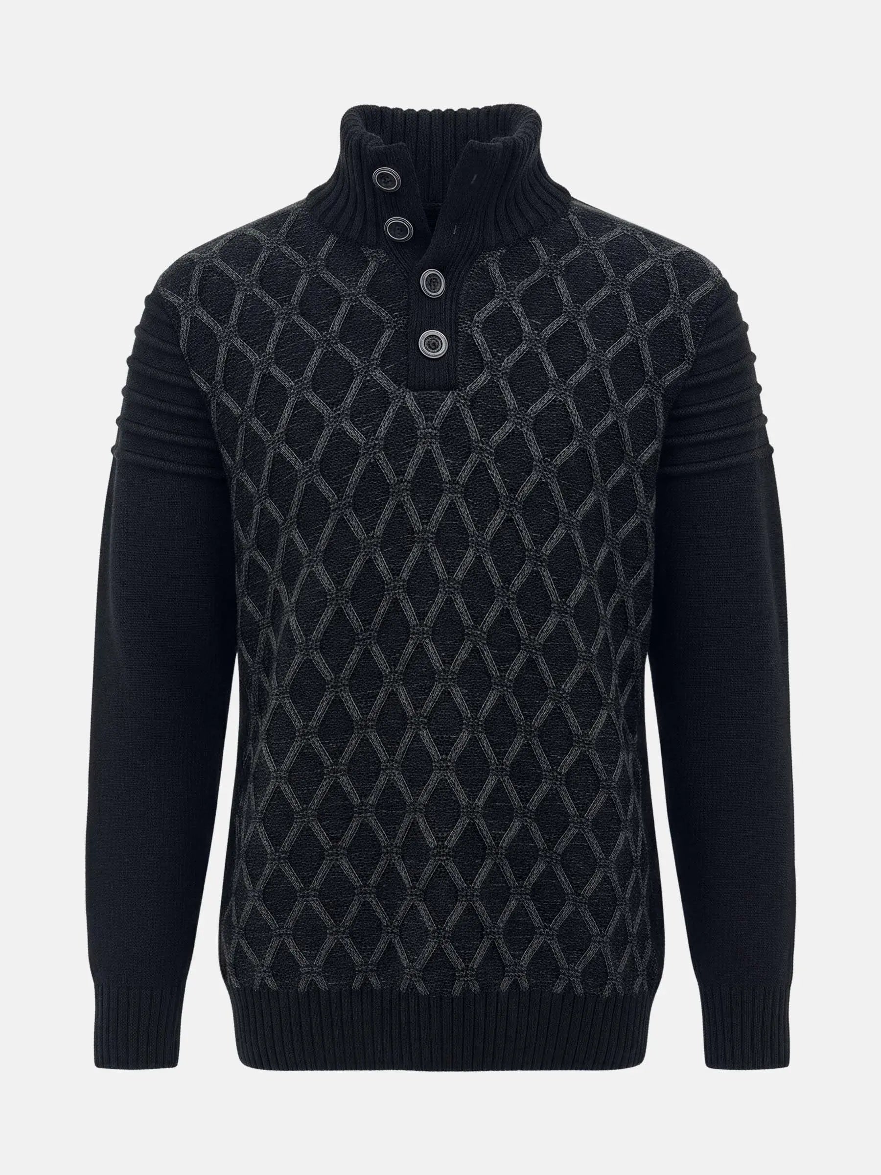 Anthracite men’s knit sweater with textured geometric pattern and high button-neck design.