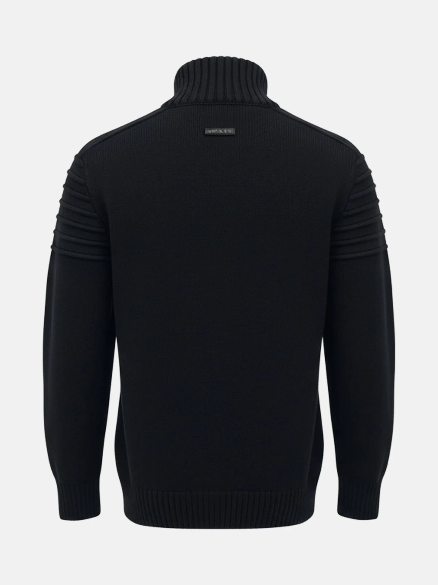 Back view of an anthracite men’s knit sweater with ribbed texture and structured shoulders.