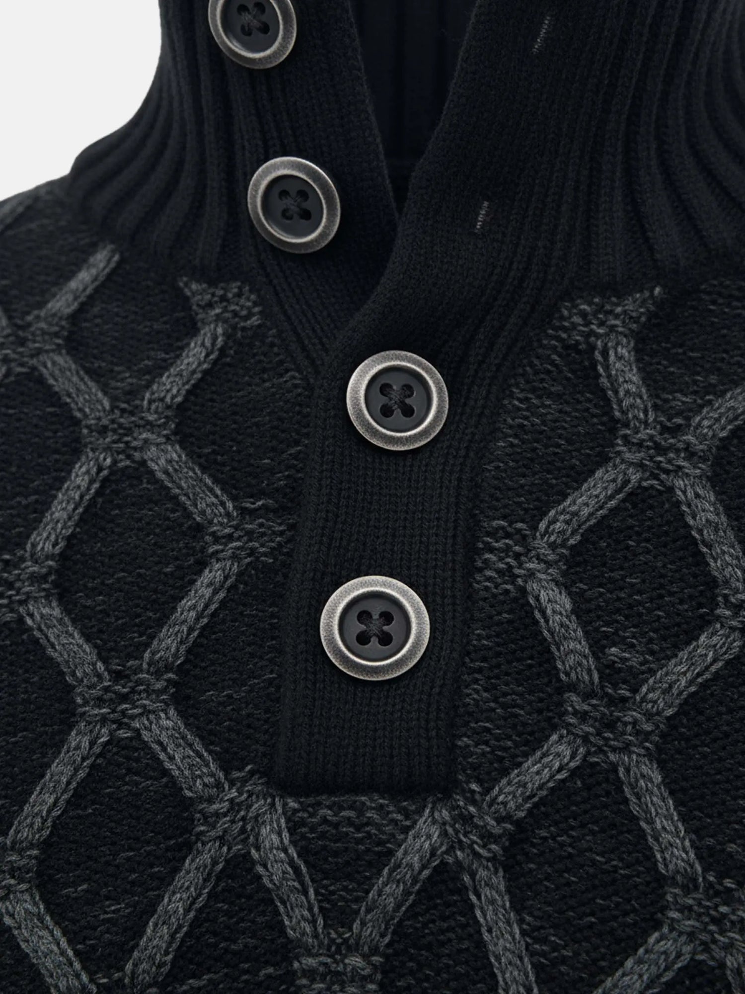 Close-up of anthracite knit sweater showing textured pattern and metallic button details.