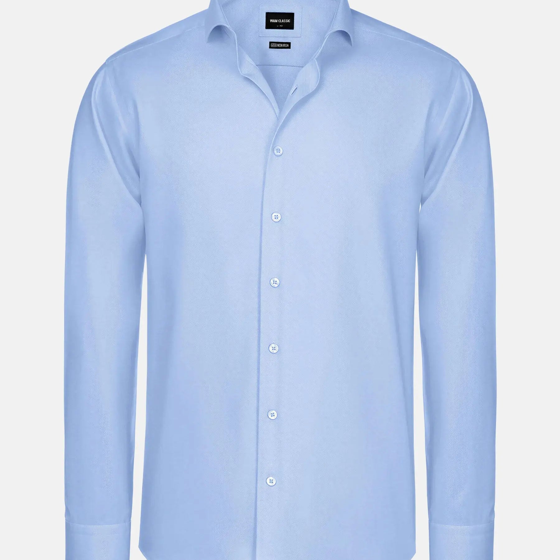 Light blue men’s dress shirt with long sleeves and button-up front.