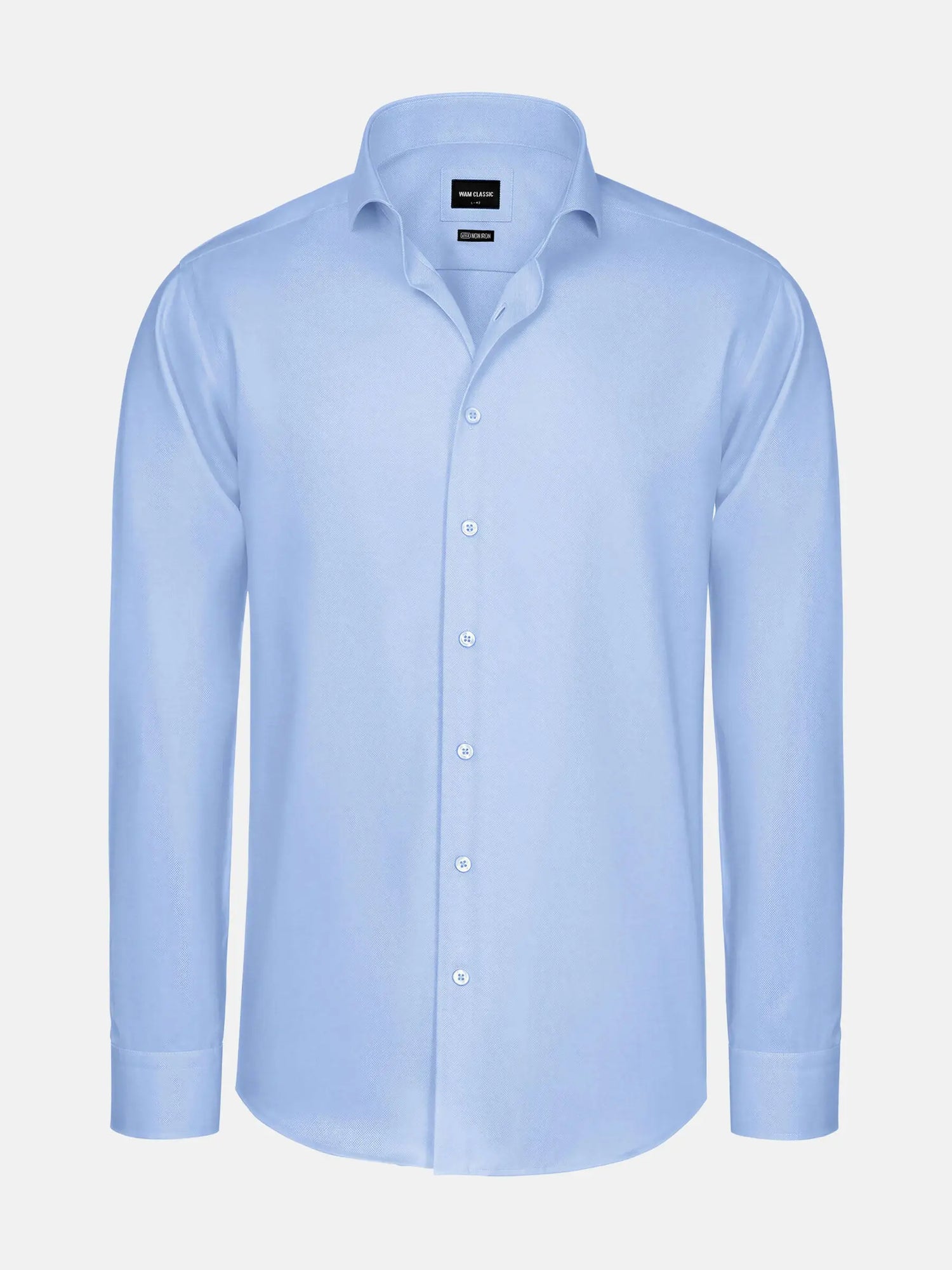 Light blue men’s dress shirt with long sleeves and button-up front.