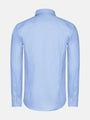 Back view of blue men’s dress shirt with long sleeves.