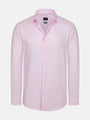 Pink men’s dress shirt with long sleeves and button-up front.