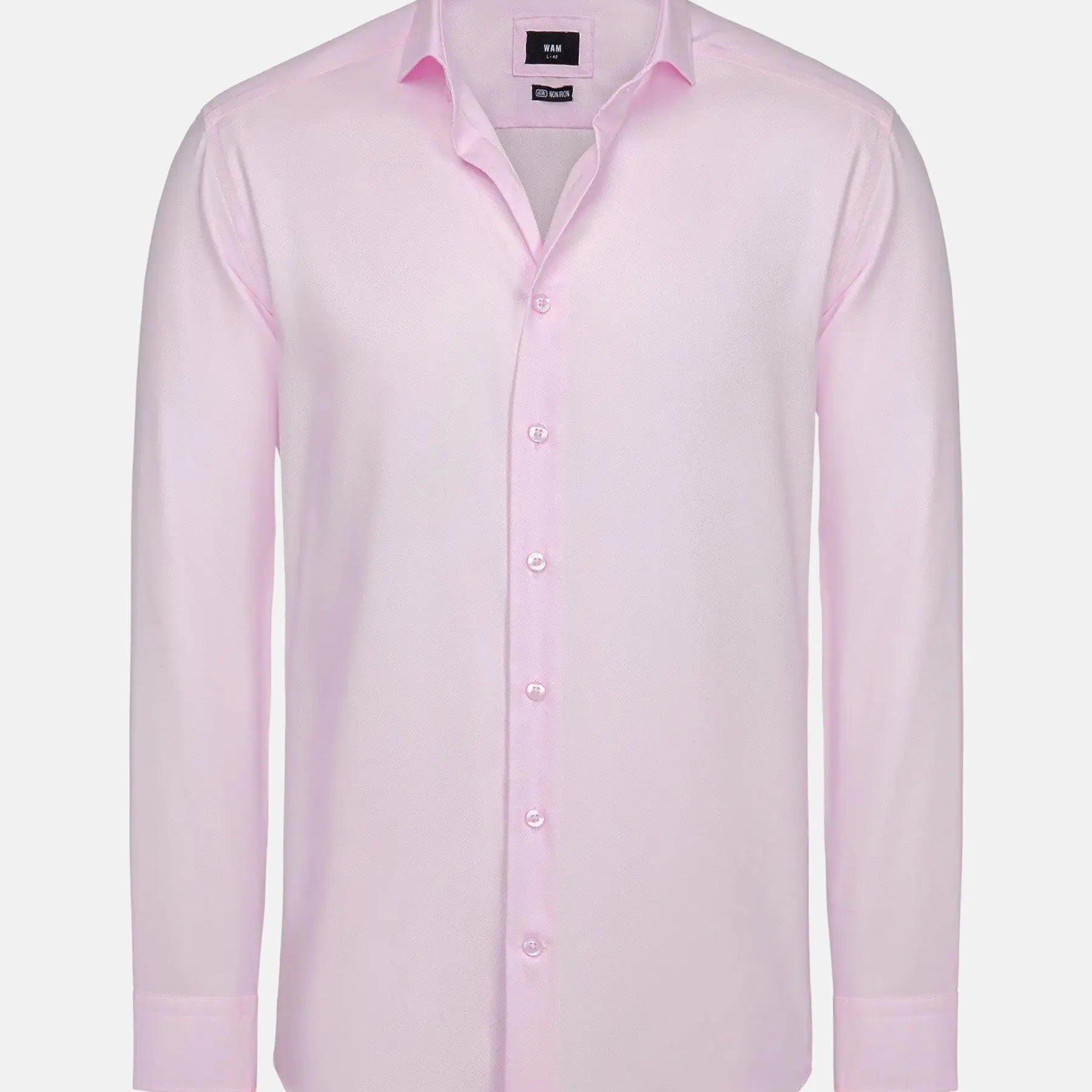 Pink men’s dress shirt with long sleeves and button-up front.