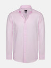 Pink men’s dress shirt with long sleeves and button-up front.