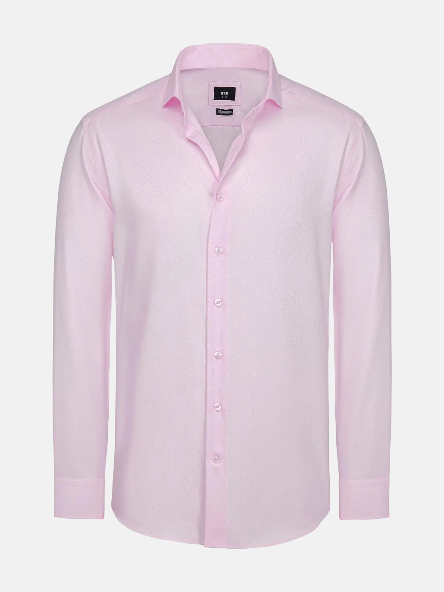Pink men’s dress shirt with long sleeves and button-up front.
