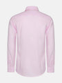 Back view of pink men’s dress shirt with long sleeves.
