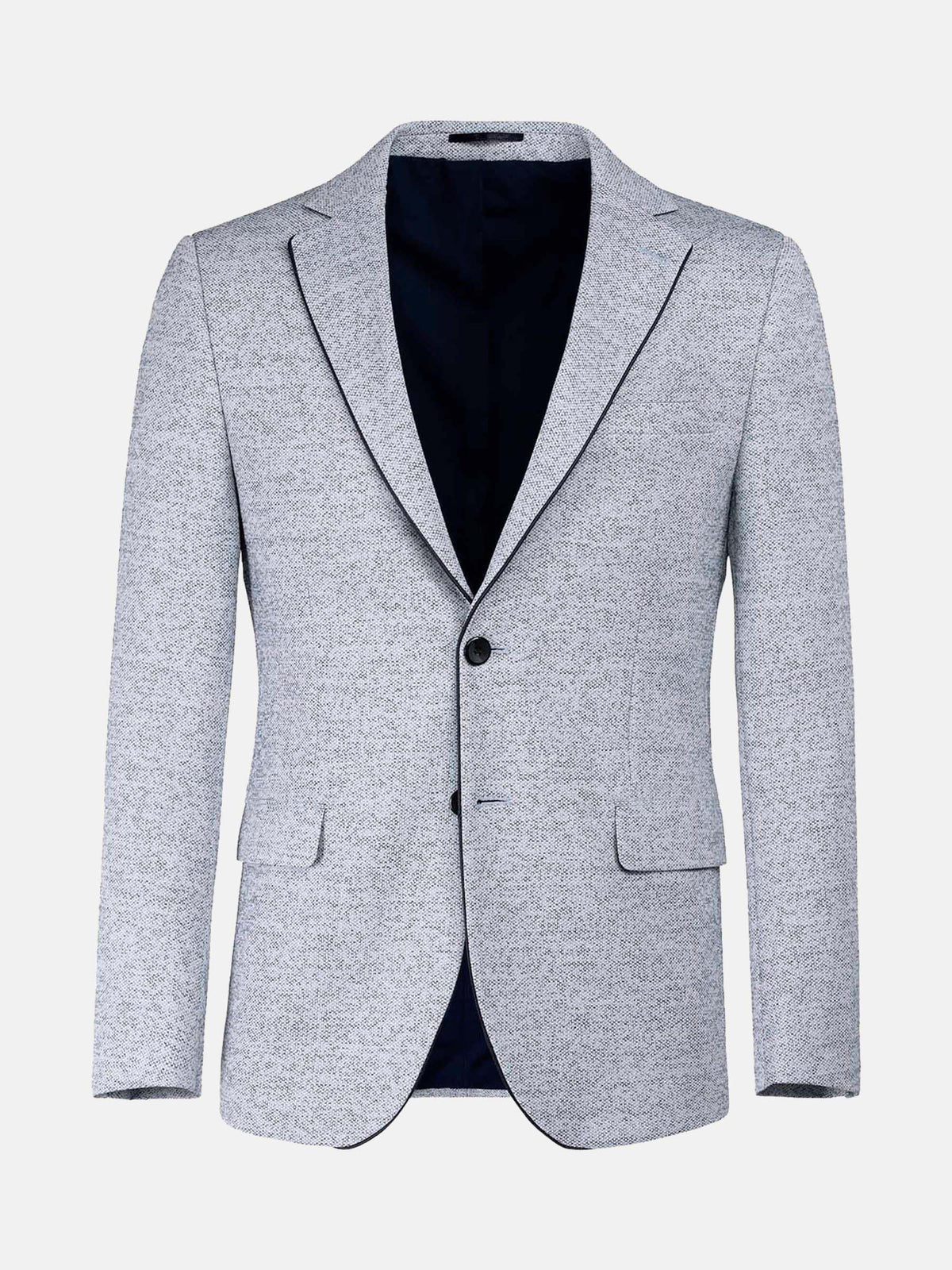 Light white-navy textured blazer with two buttons and notch lapels, modern menswear style.