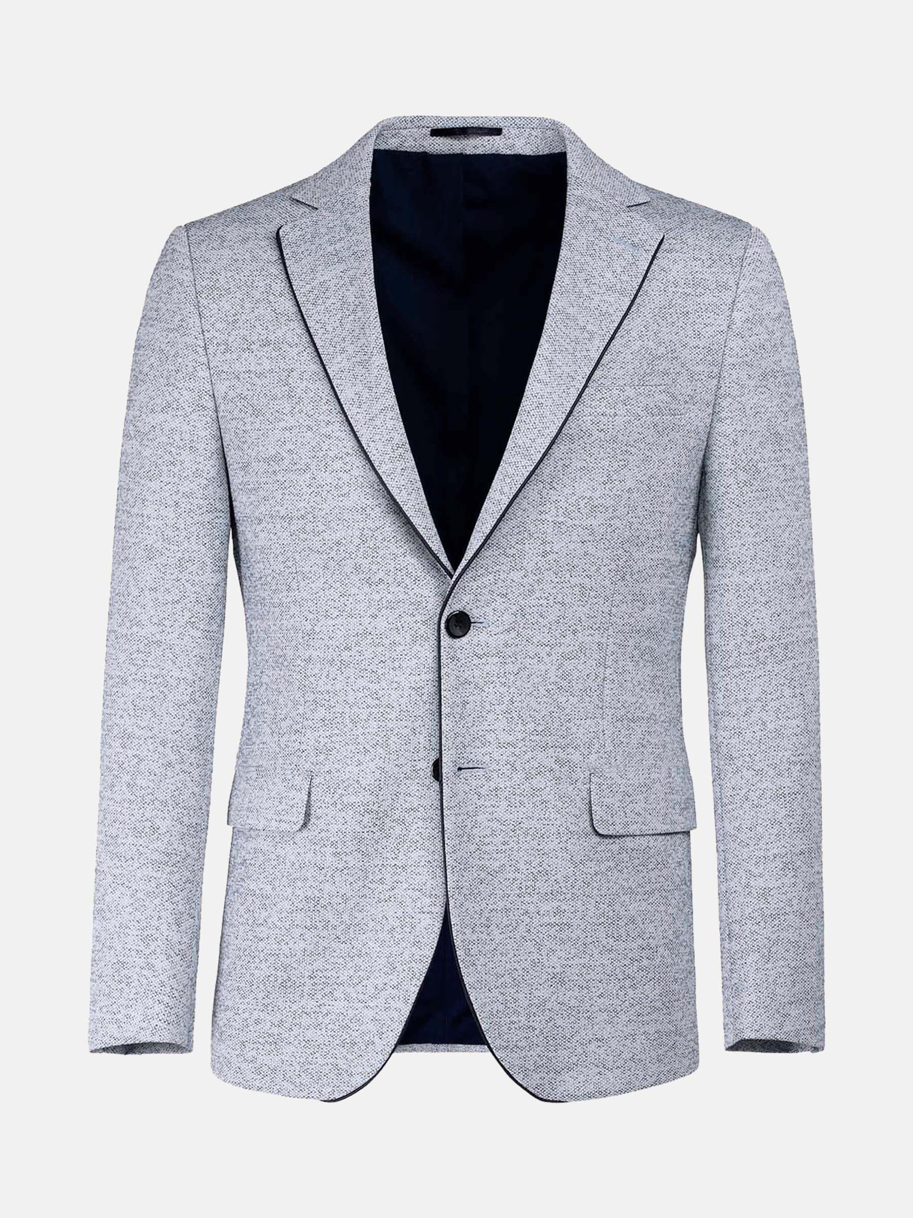 Light white-navy textured blazer with two buttons and notch lapels, modern menswear style.