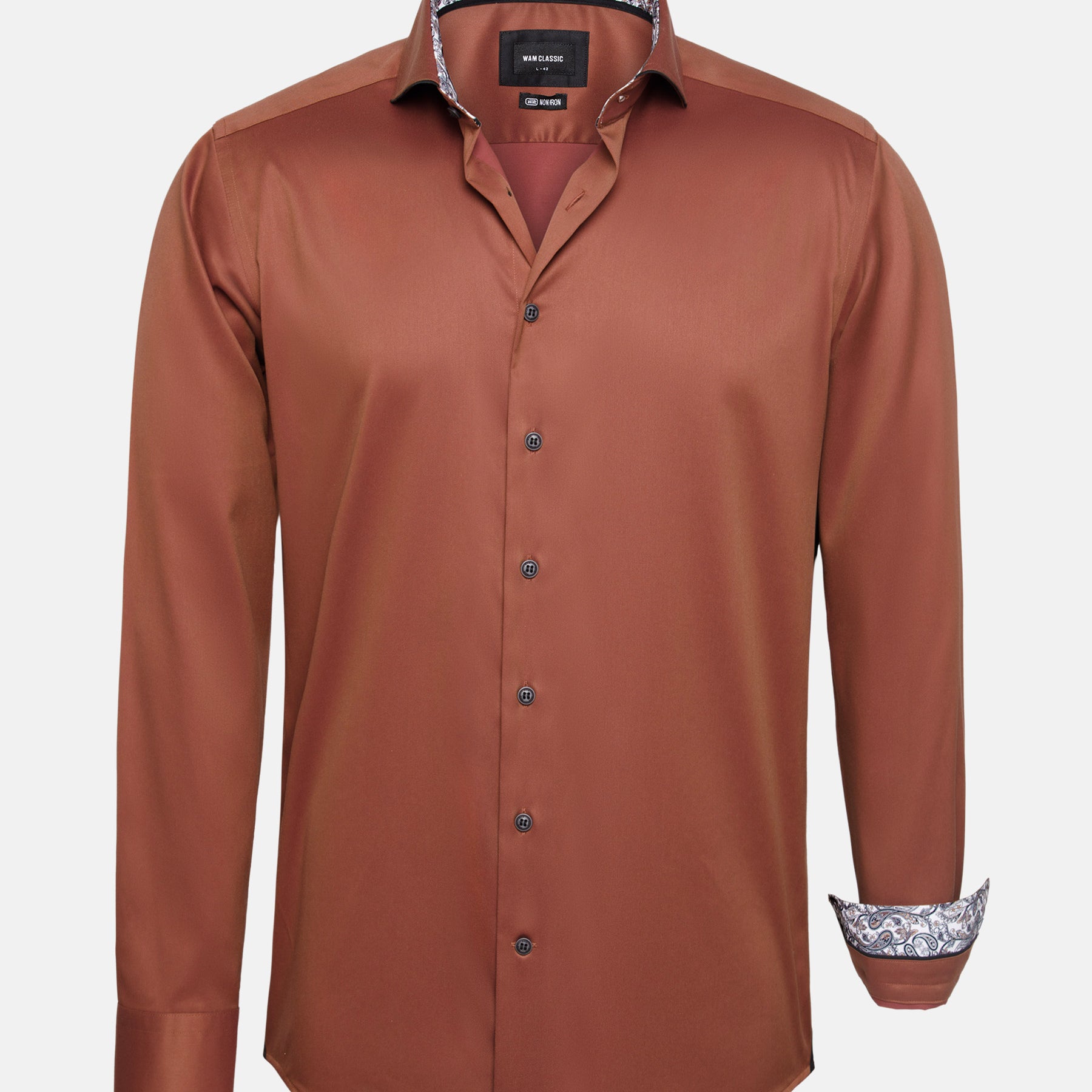 Light brown men’s long-sleeve shirt with button front and patterned inner collar