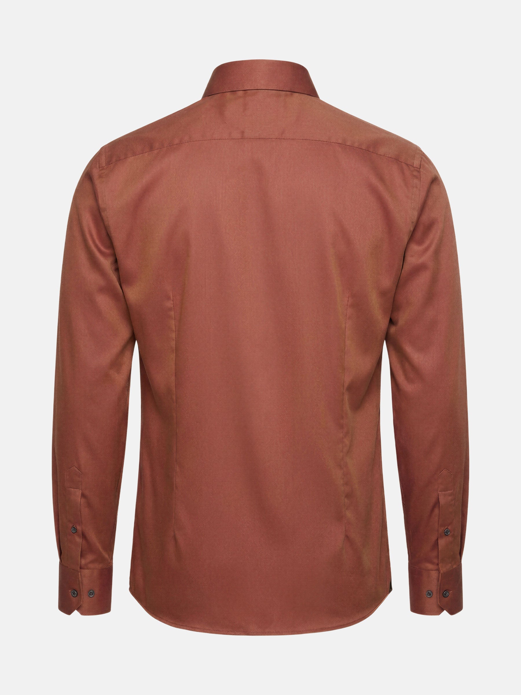 Back view of light brown men’s long-sleeve shirt with clean tailored fit