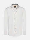 Men’s white dress shirt with long sleeves, classic collar, and contrast inner detailing.