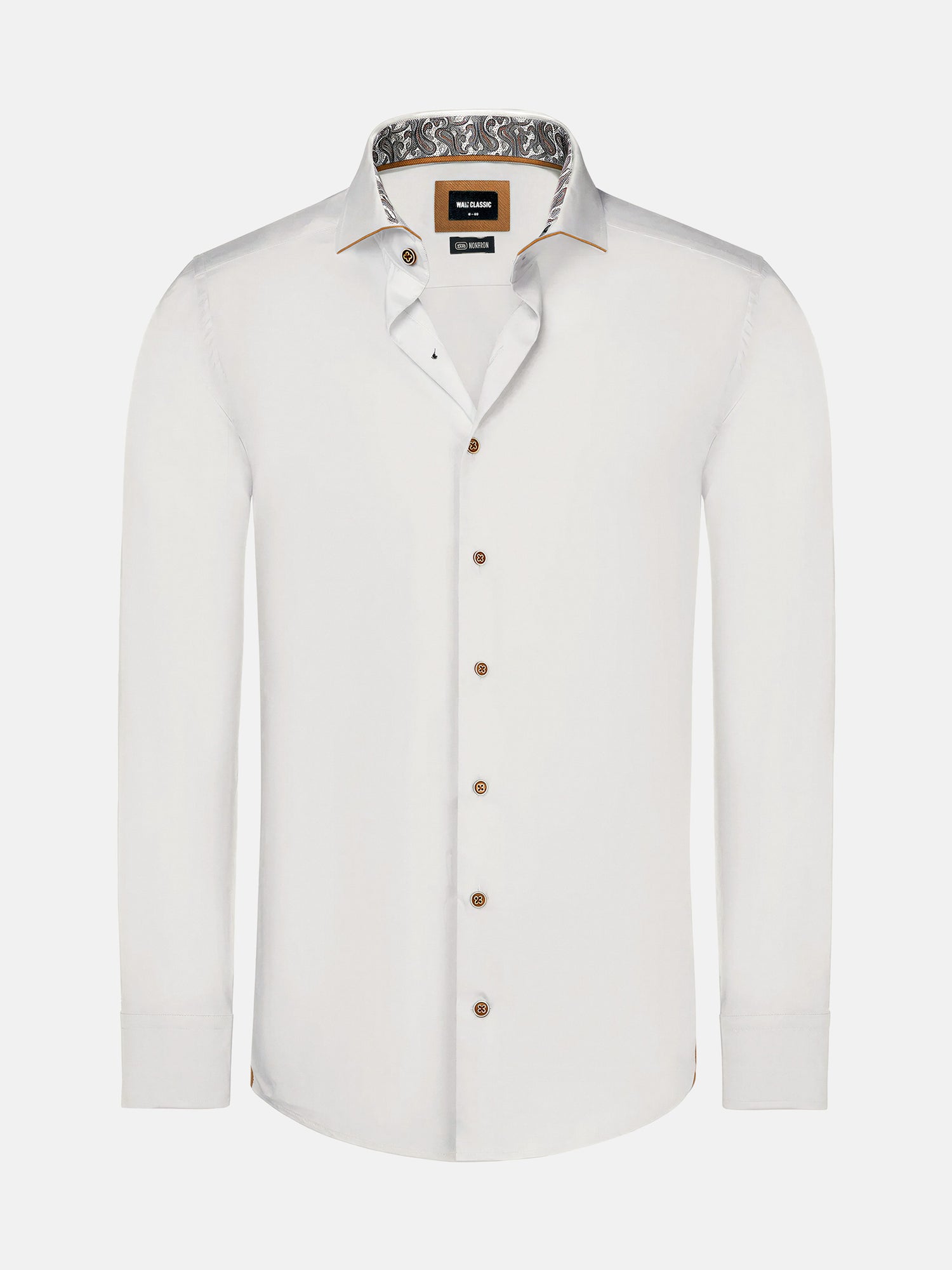 Men’s white dress shirt with long sleeves, classic collar, and contrast inner detailing.