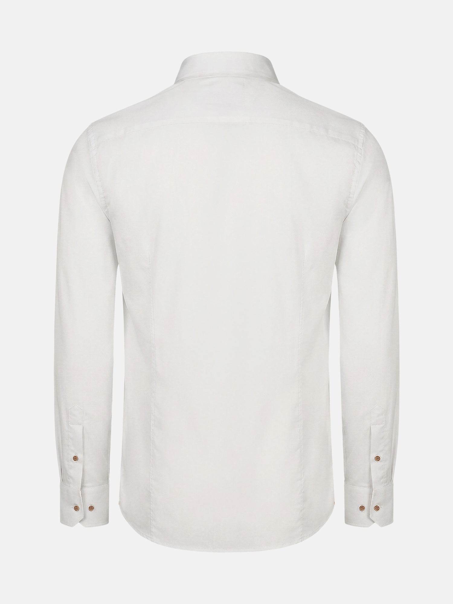 Back view of men’s white dress shirt with long sleeves and tailored fit.