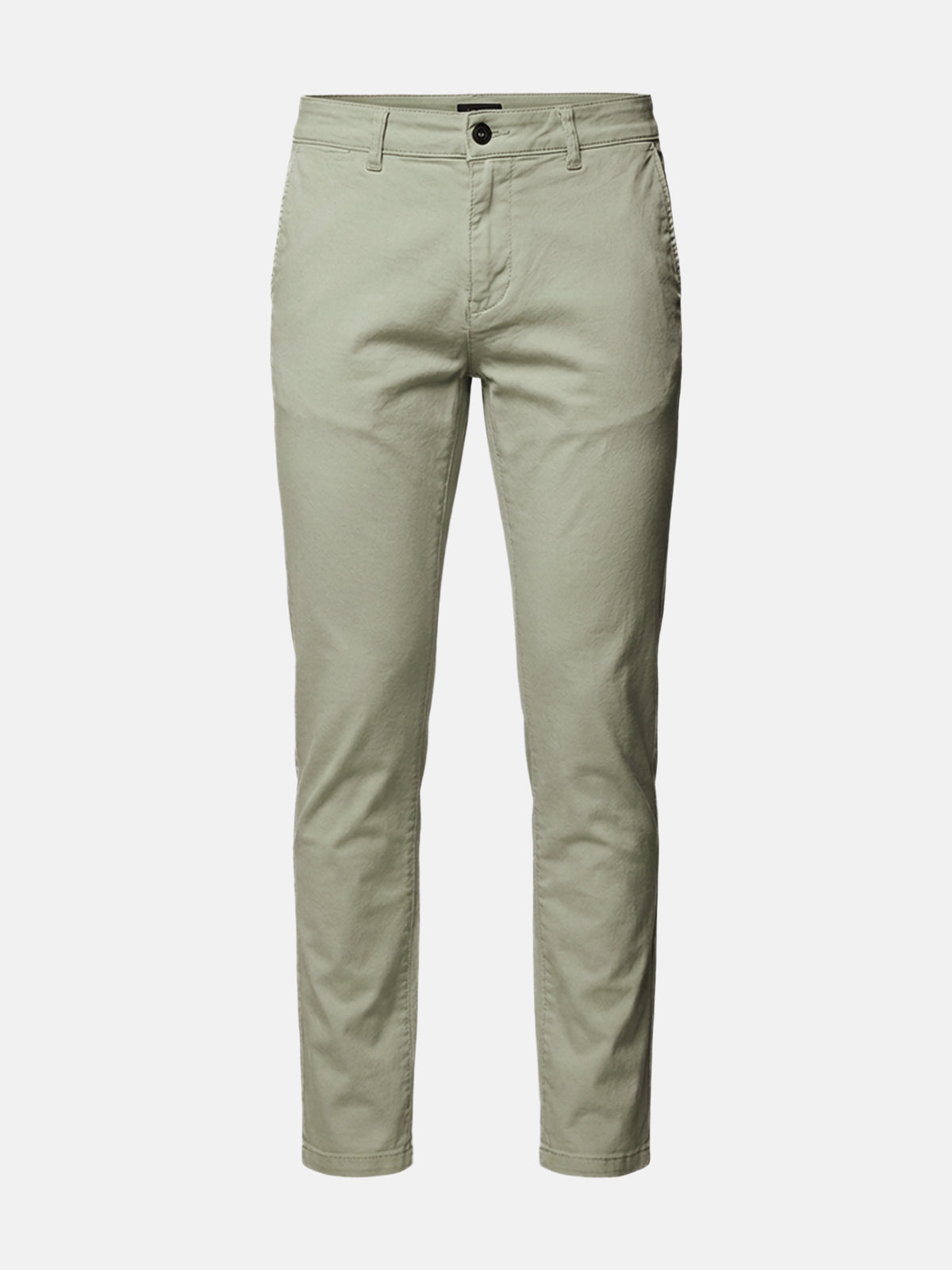 Light green men’s chino pants with slim fit, clean design, and classic button closure.