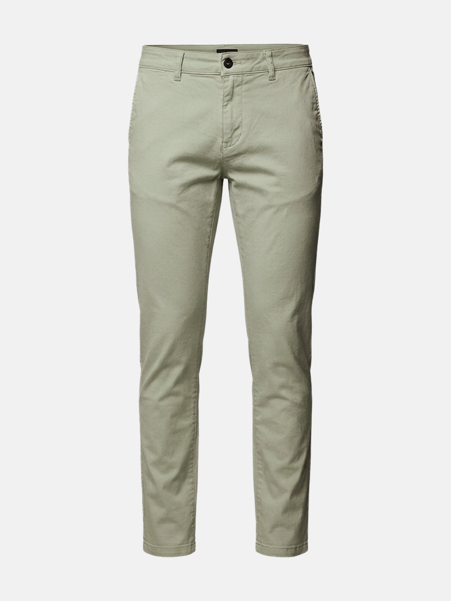 Light green men’s chino pants with slim fit, clean design, and classic button closure.
