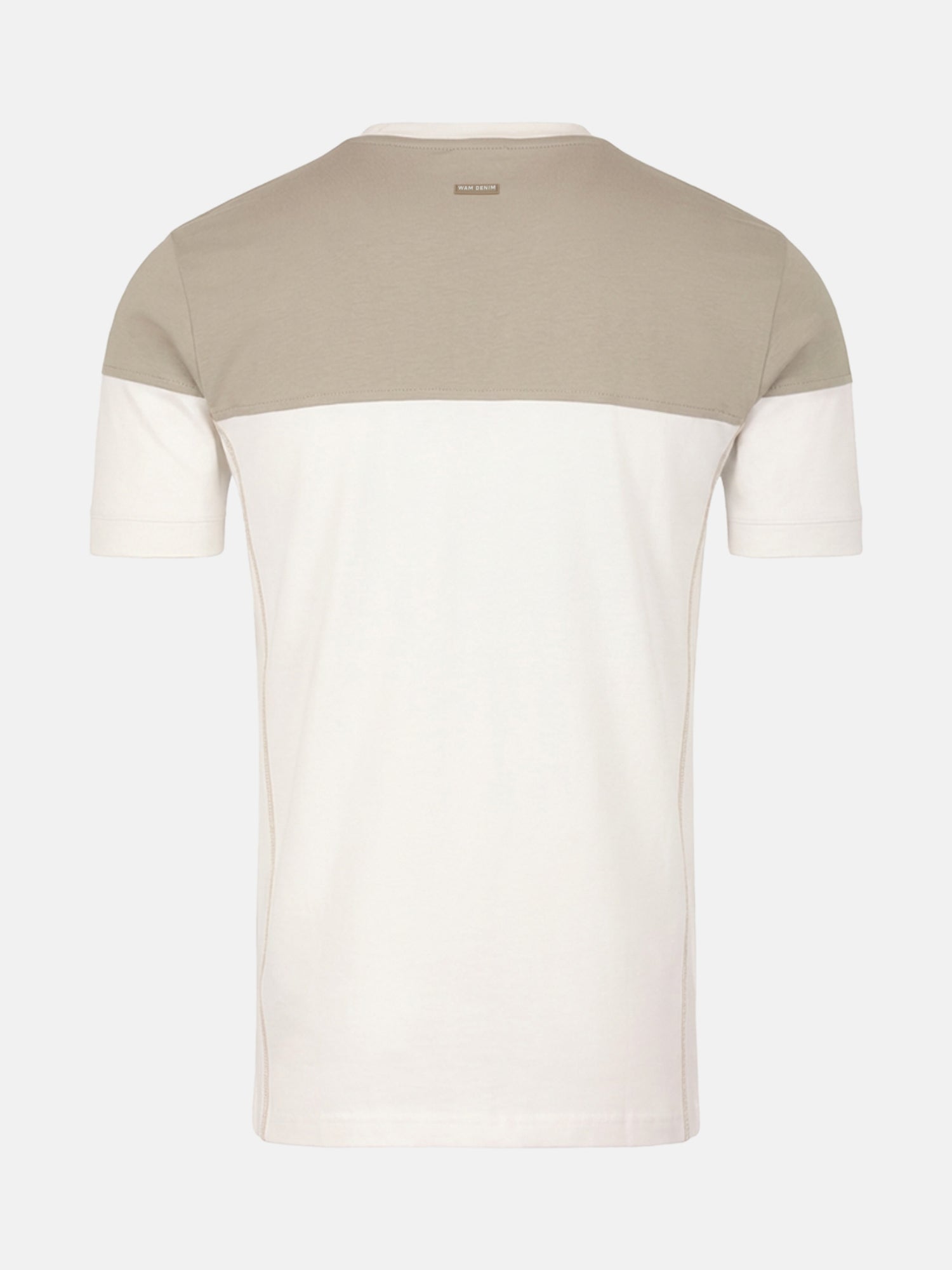 Back view of off-white men’s T-shirt with beige shoulder panel and short sleeves