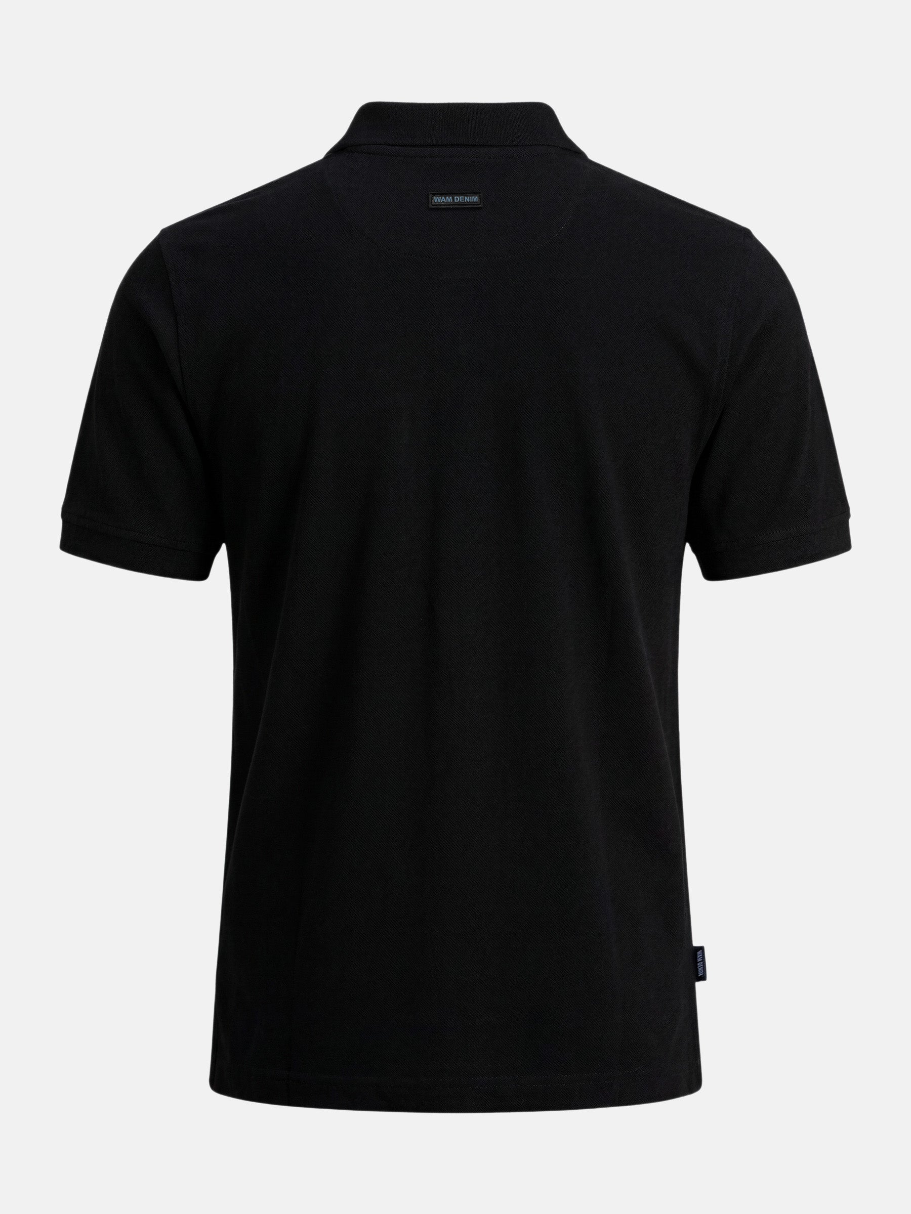 Back view of black zip polo t-shirt, slim fit men’s cotton shirt