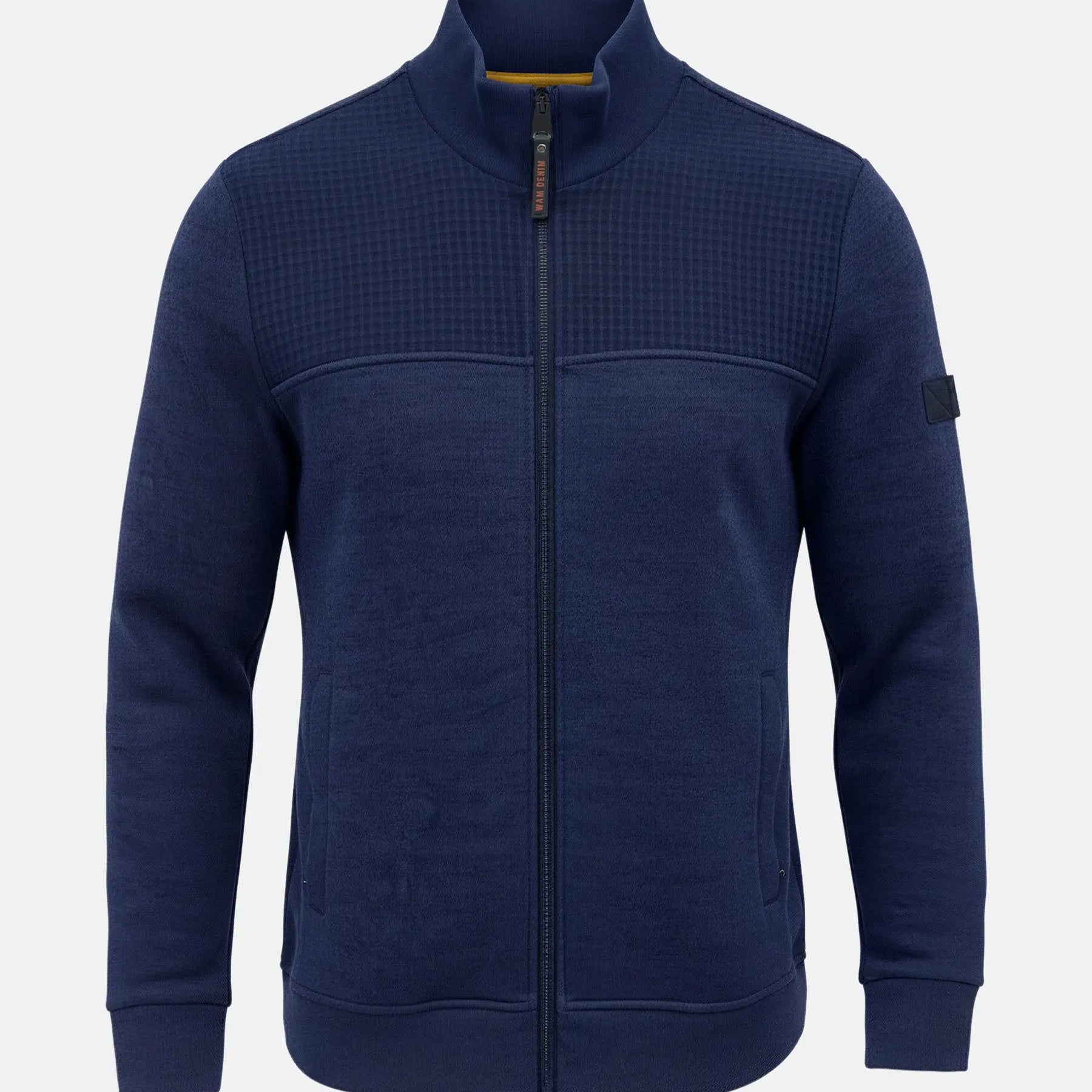 Full-zip men’s jacket with textured upper panel, Fletcher Light Indigo vest style.