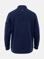 Back view of navy full-zip men’s jacket with textured upper panel for Fletcher Indigo.