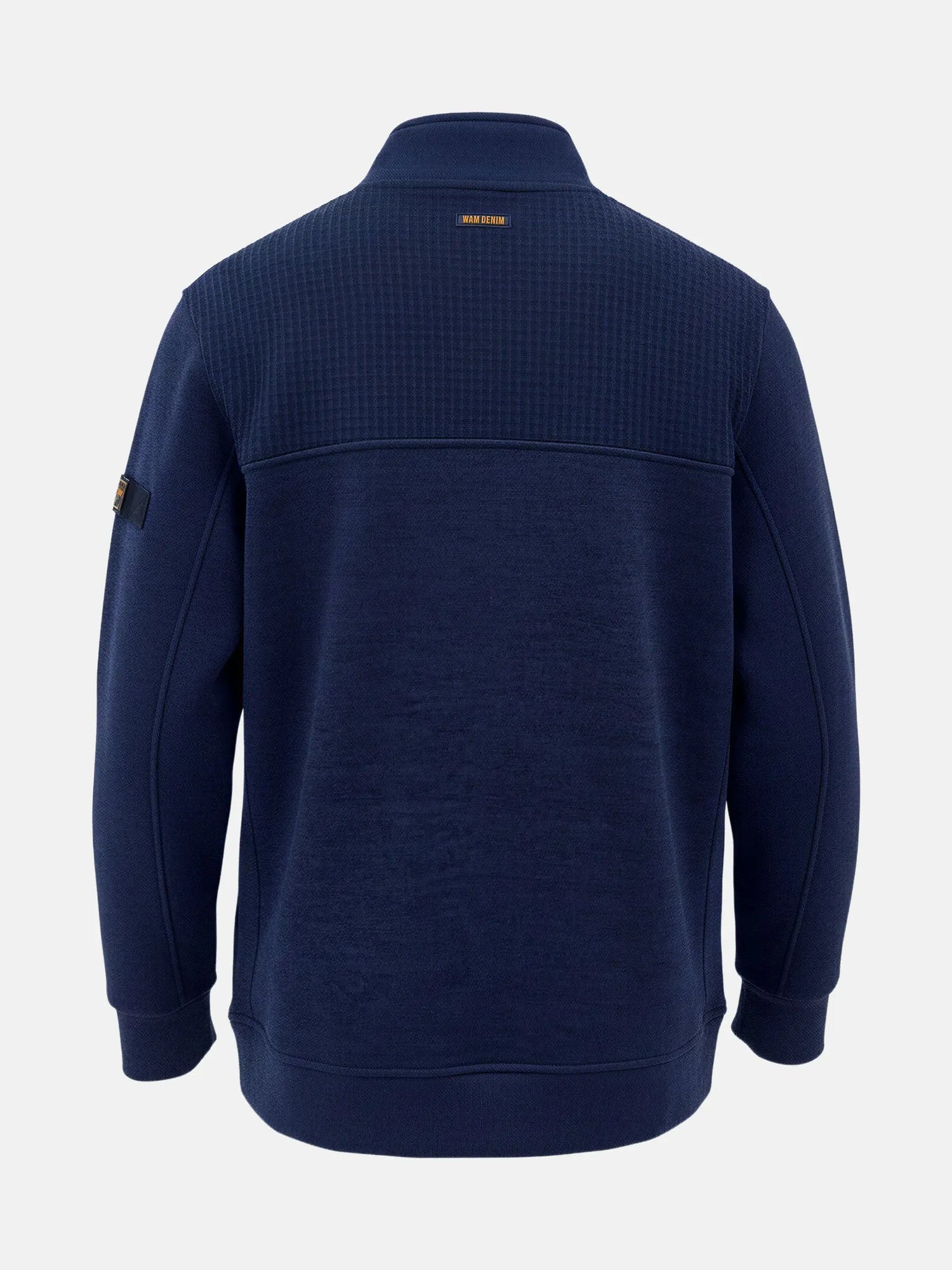 Back view of navy full-zip men’s jacket with textured upper panel for Fletcher Indigo.