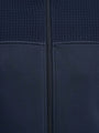 Close-up of Light Indigo jacket fabric showing textured upper panel and central zipper.