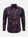 Black shirt with bold red floral print, long sleeves, tailored fit men’s shirt.