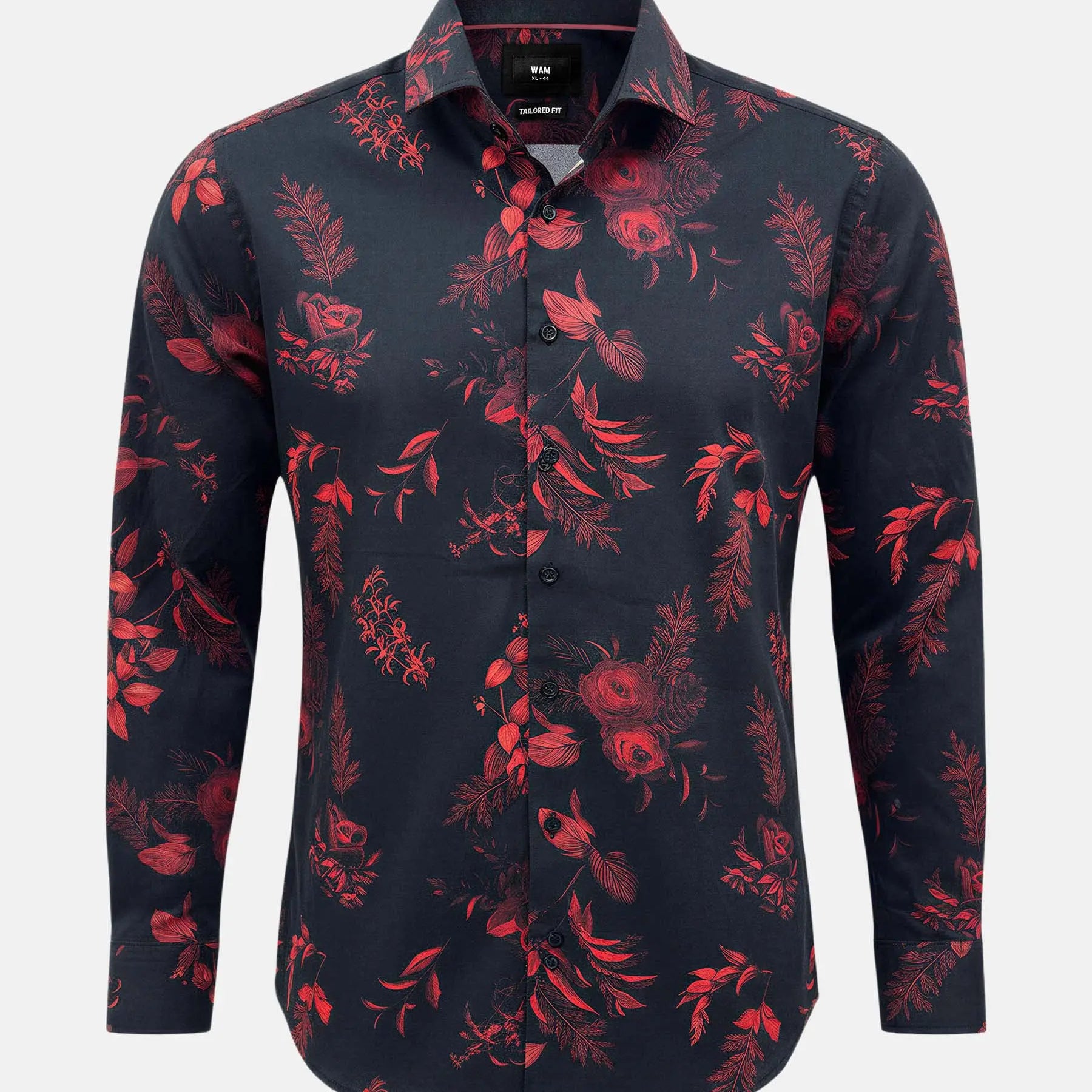 Black shirt with bold red floral print, long sleeves, tailored fit men’s shirt.
