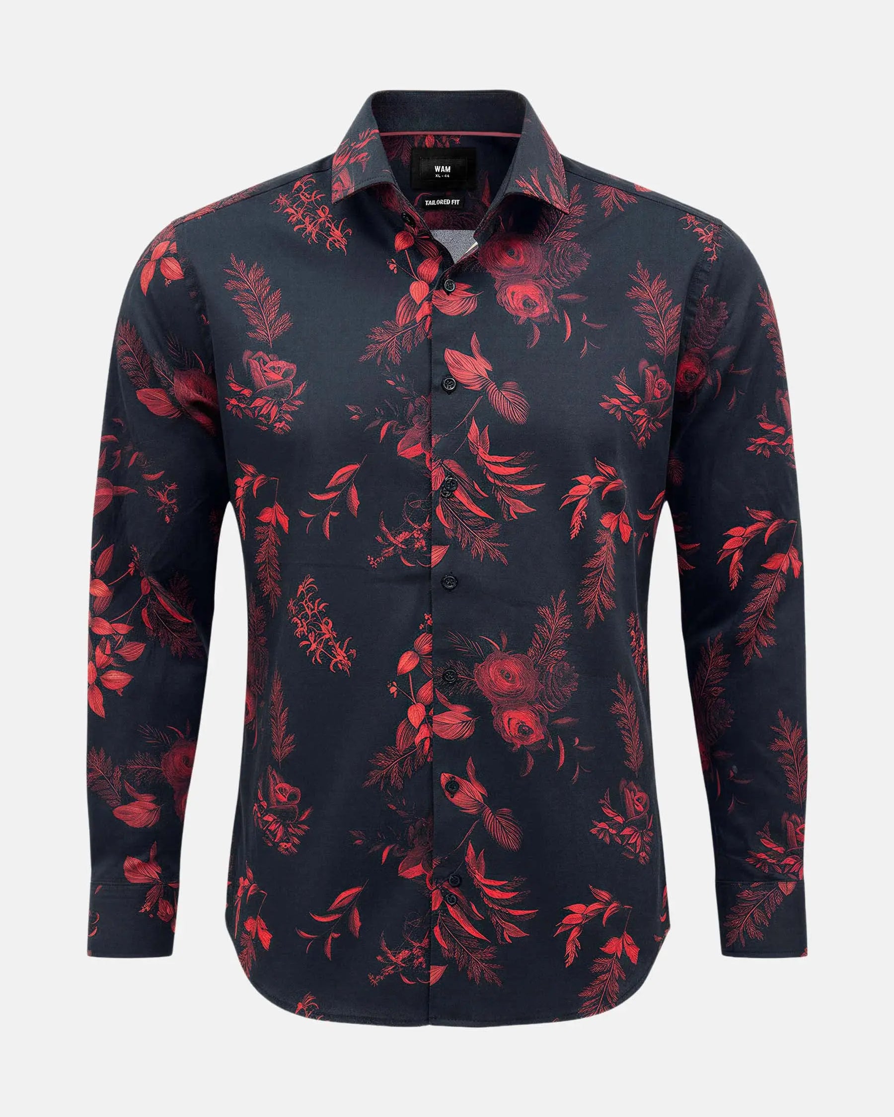 Black shirt with bold red floral print, long sleeves, tailored fit men’s shirt.