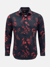 Black shirt with bold red floral print, long sleeves, tailored fit men’s shirt.