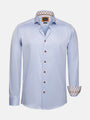 Light blue men’s long-sleeve shirt with button front and patterned inner collar