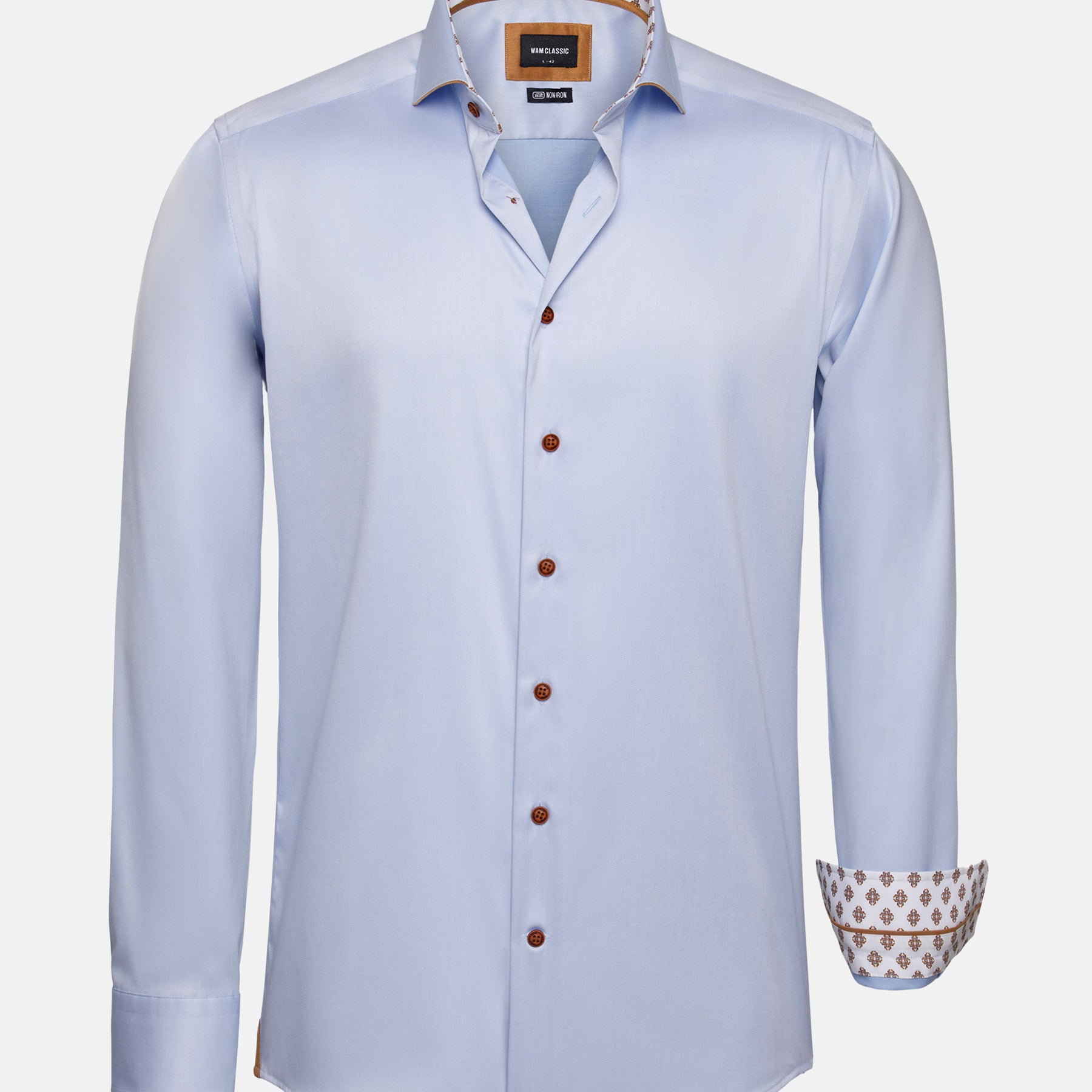 Light blue men’s long-sleeve shirt with button front and patterned inner collar