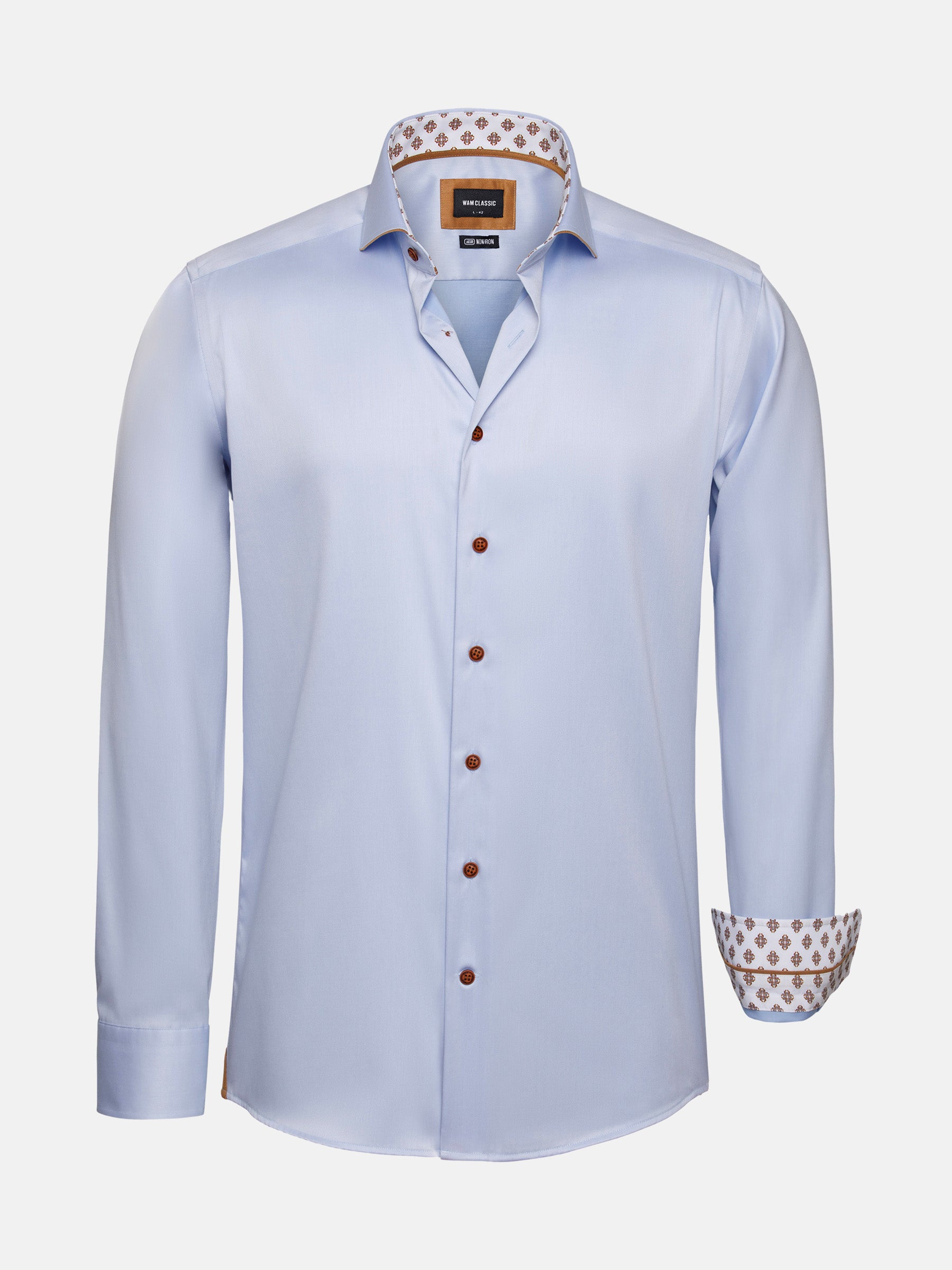 Light blue men’s long-sleeve shirt with button front and patterned inner collar
