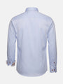 Back view of light blue men’s long-sleeve shirt with clean tailored fit