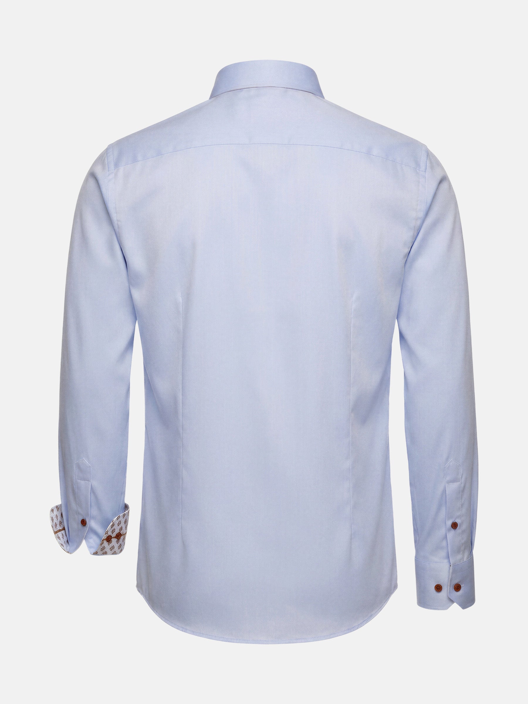 Back view of light blue men’s long-sleeve shirt with clean tailored fit