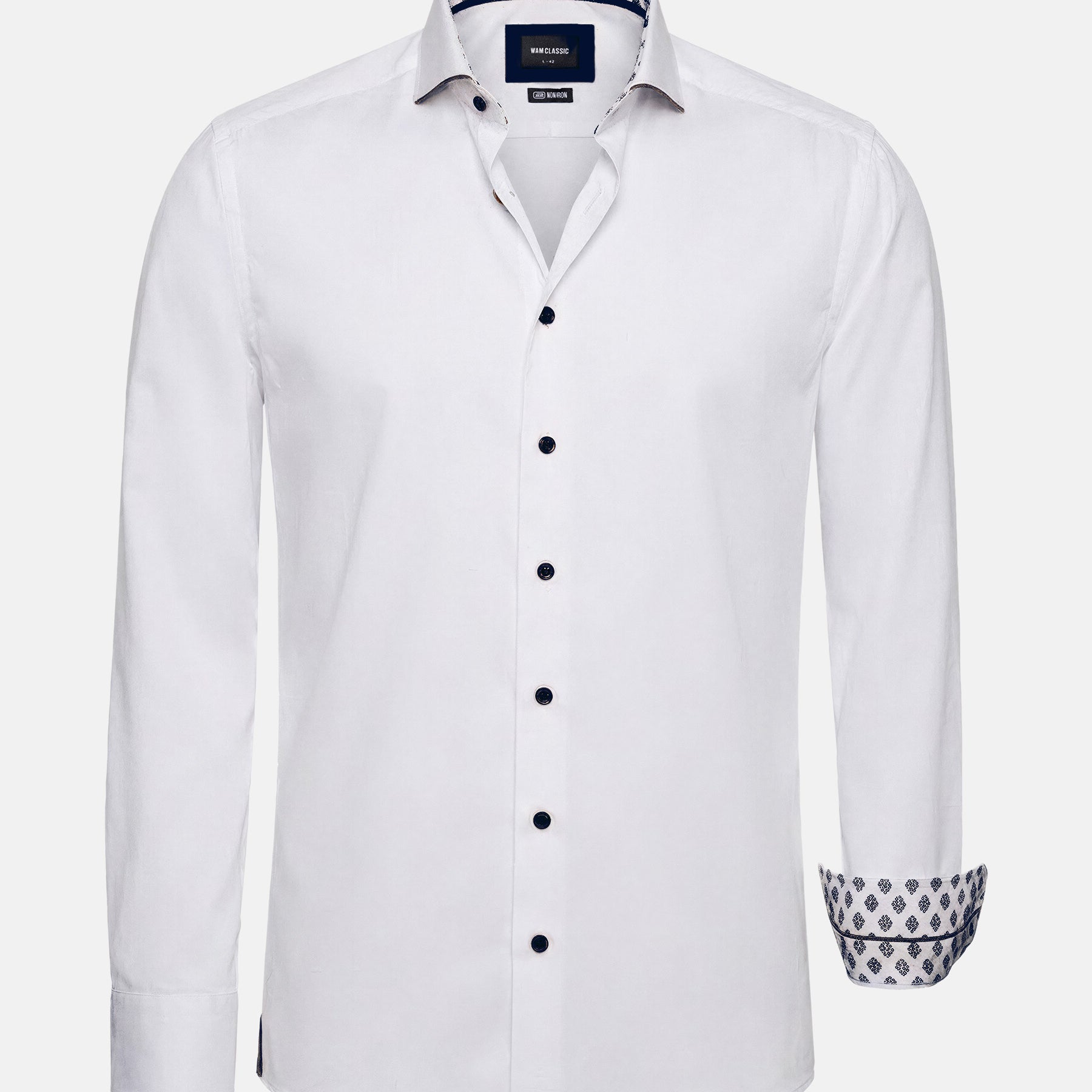 White slim fit men’s dress shirt with patterned collar and cuffs