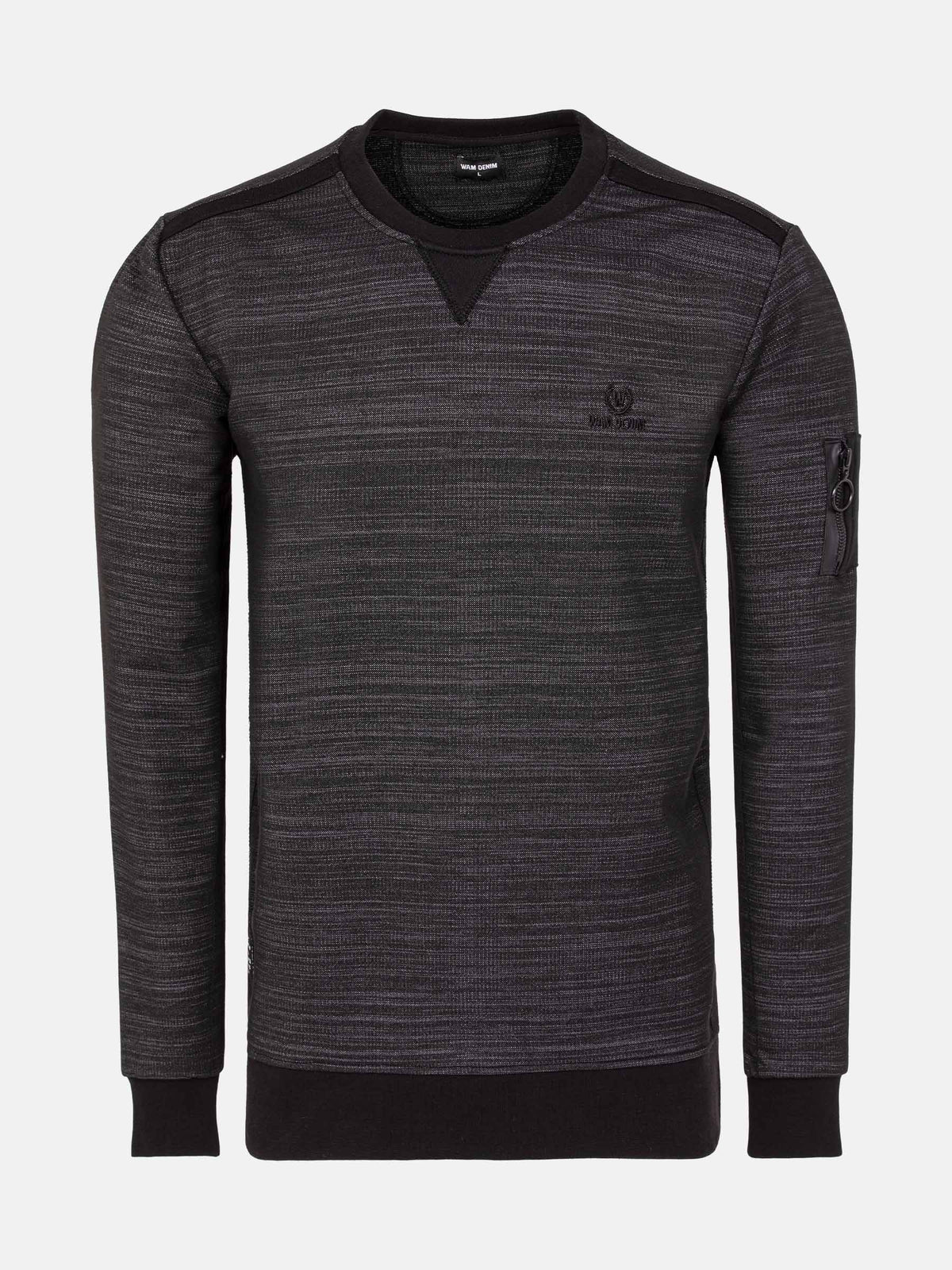 Black slim fit men’s sweater with crew neck, long sleeves, and subtle textured fabric.