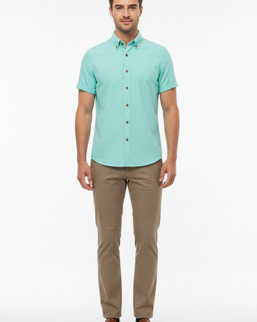 Wam Denim Quarn Turquoise Short Sleeve Shirt – model front view, tucked in
